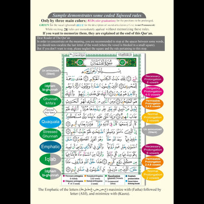Color-coded Tajweed Qur’an guide showing example page and explanations for Tajweed rules including Idgham, Ghunna, Iqlab, Qalqalah, and vowel prolongation