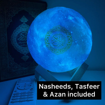 LED Quran speaker moon lamp with Arabic calligraphy design and remote control – includes Nasheeds, Tafseer, and Azan audio features